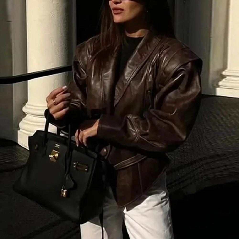 Faux Leather Brown Women Jackets 2024 Belt Lace Up Lapel Female Coat Vintage - Picture 5 of 8
